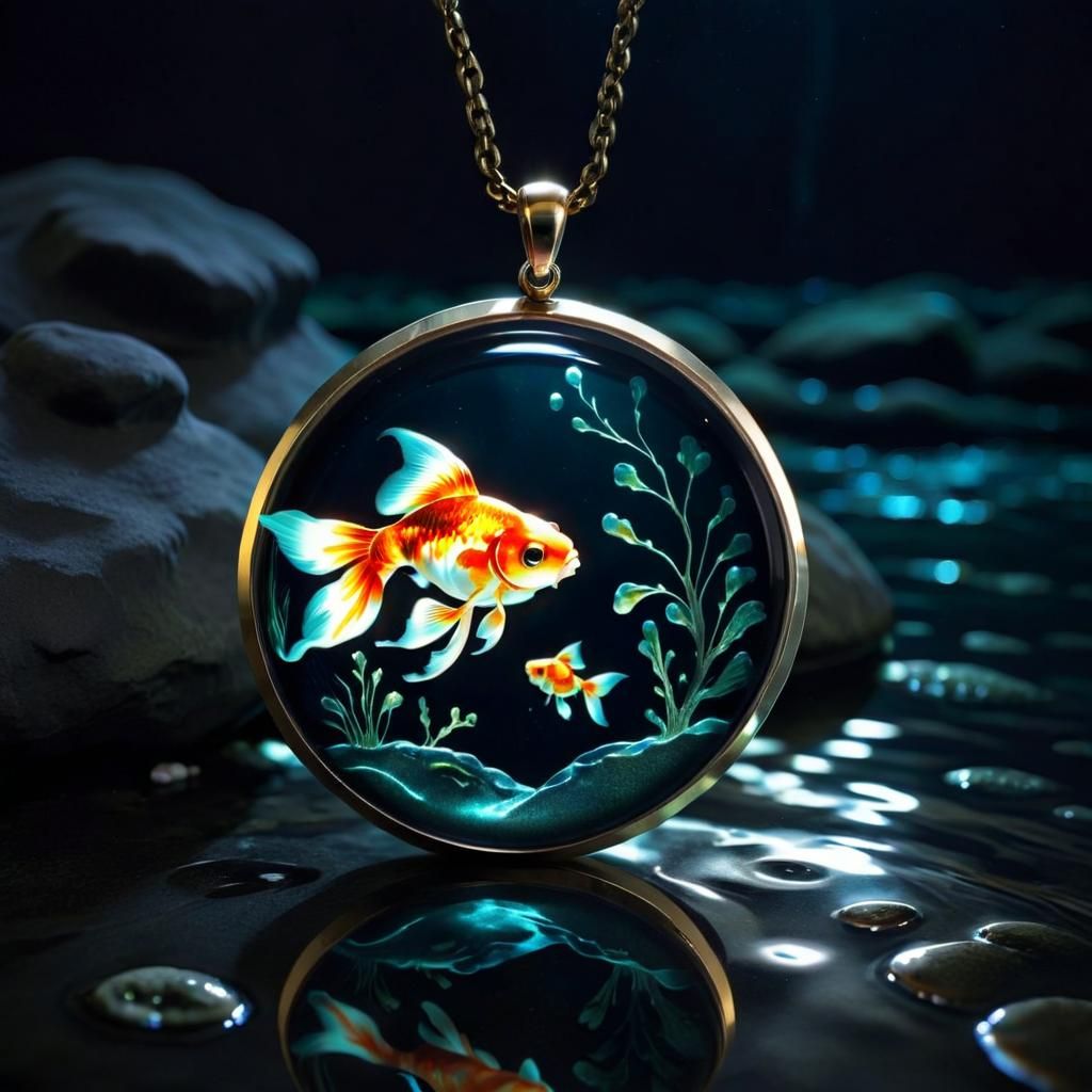 Bioilluminated Goldfish in Dark River, Jewelry Art