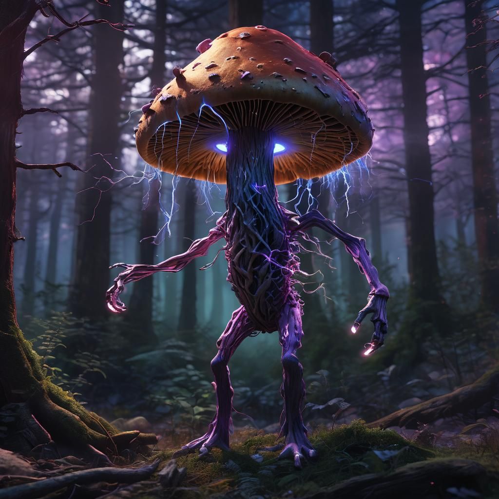 Electric Mushroom Woman in Forest: 3D Digital Art