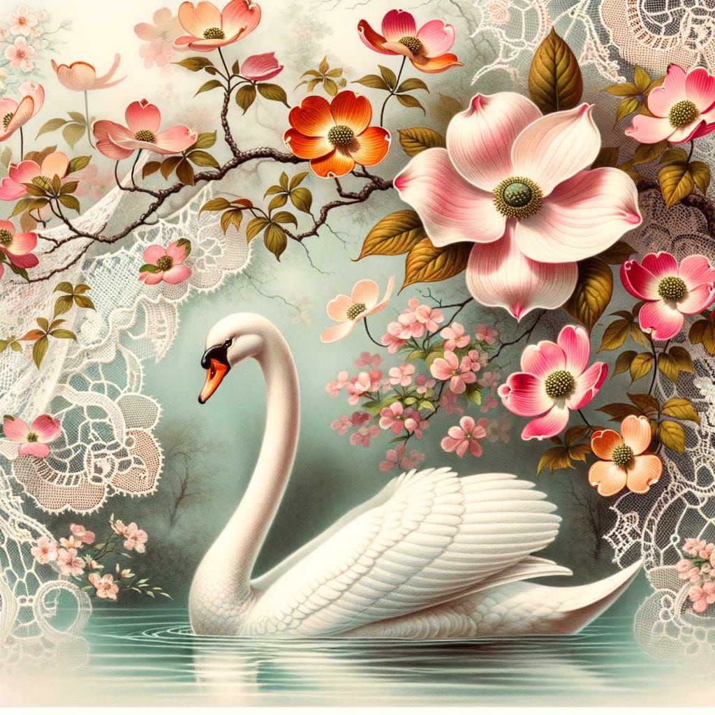 Swan in Misty Lake with Lace and Dogwood Flowers