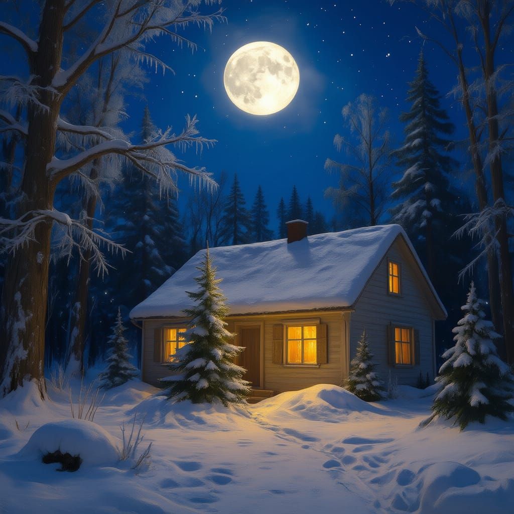 Winter Forest House Under Full Moon - Oil Painting Style