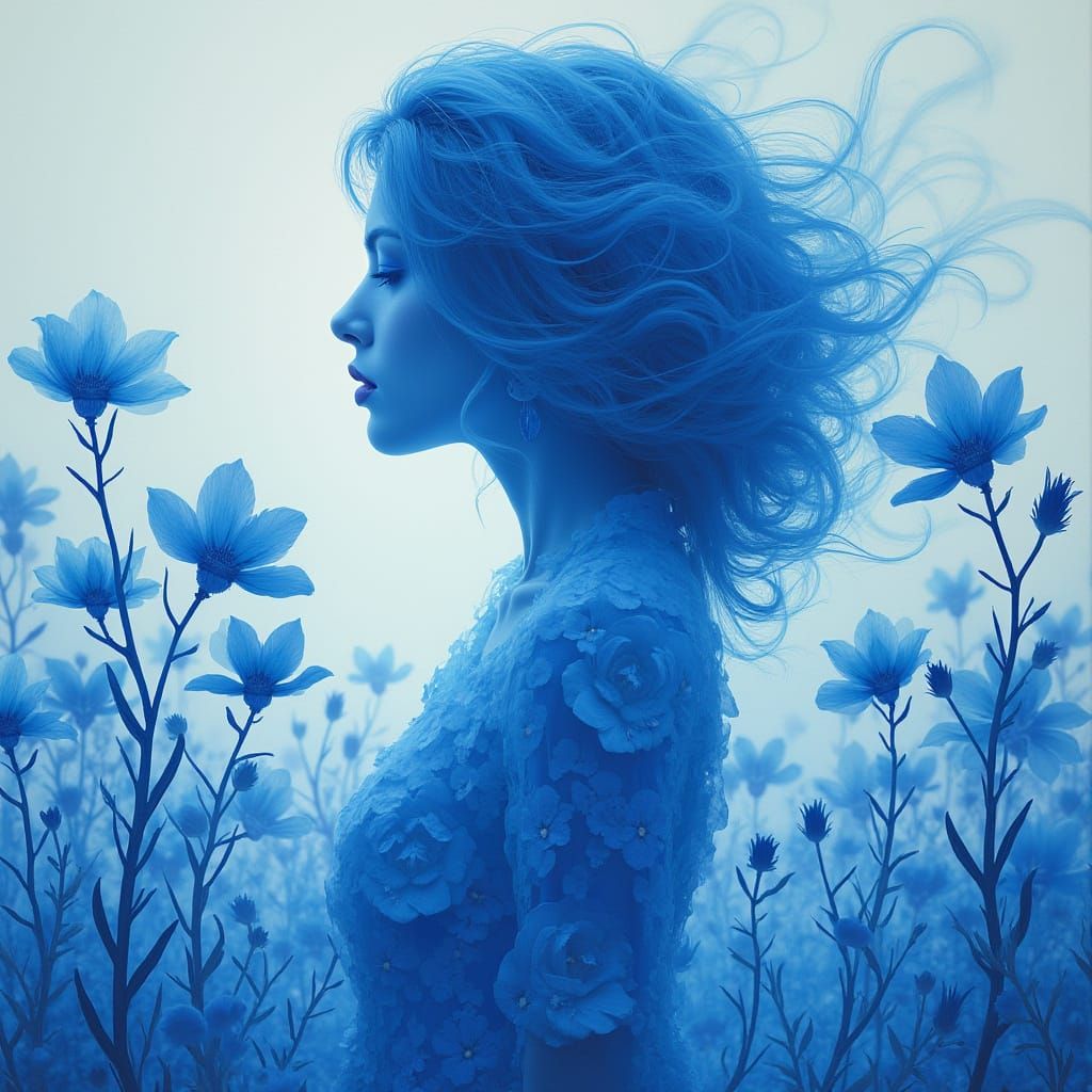 Dreamy Blue Flowers and Feminine Silhouette