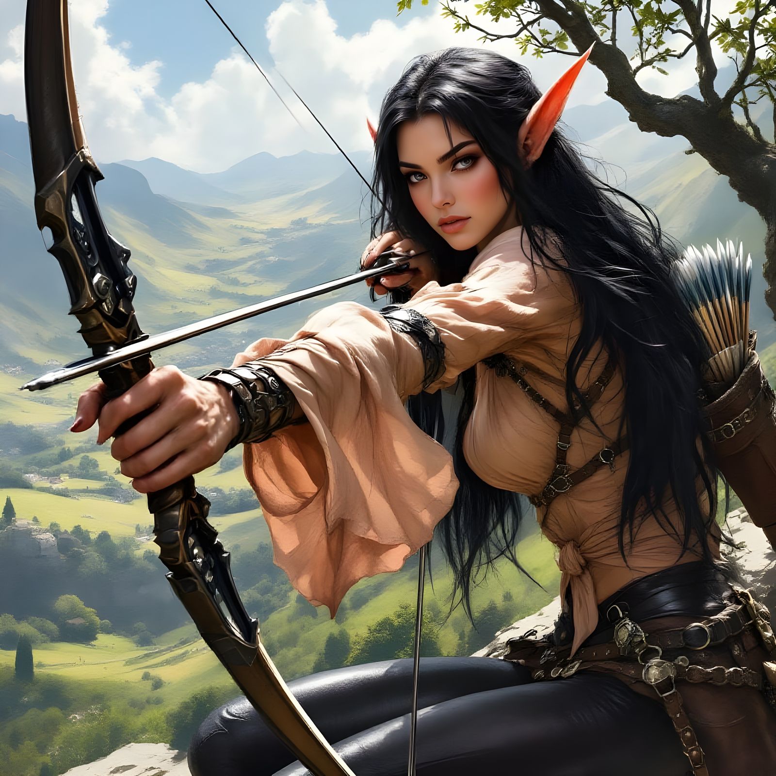 Elven Archer in Idyllic Valley, Fantasy Illustration