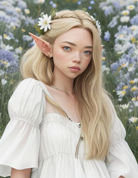 Elf Maiden in Field of Flowers