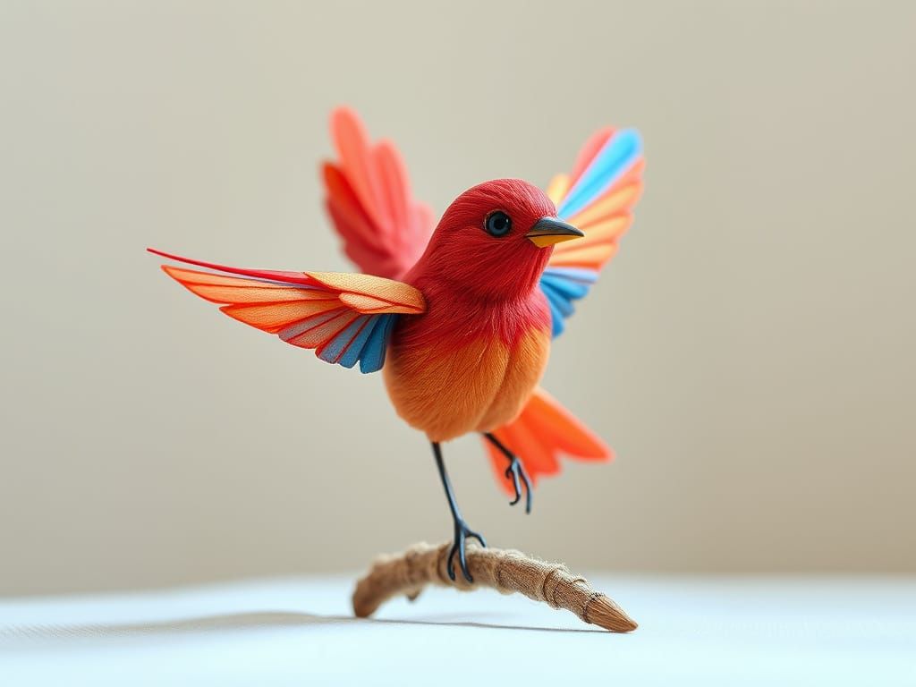 Vibrant Textile Bird Sculpture in Whimsical Abstraction