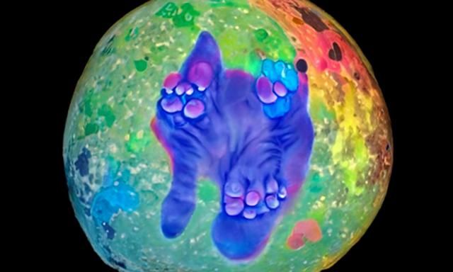 Rainbow Cat on the Moon: Whimsical Digital Art