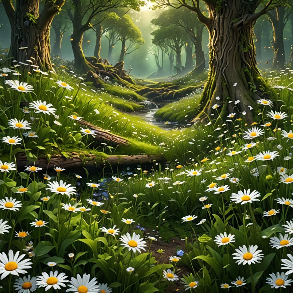 Woodland Daisies: A Detailed Matte Painting