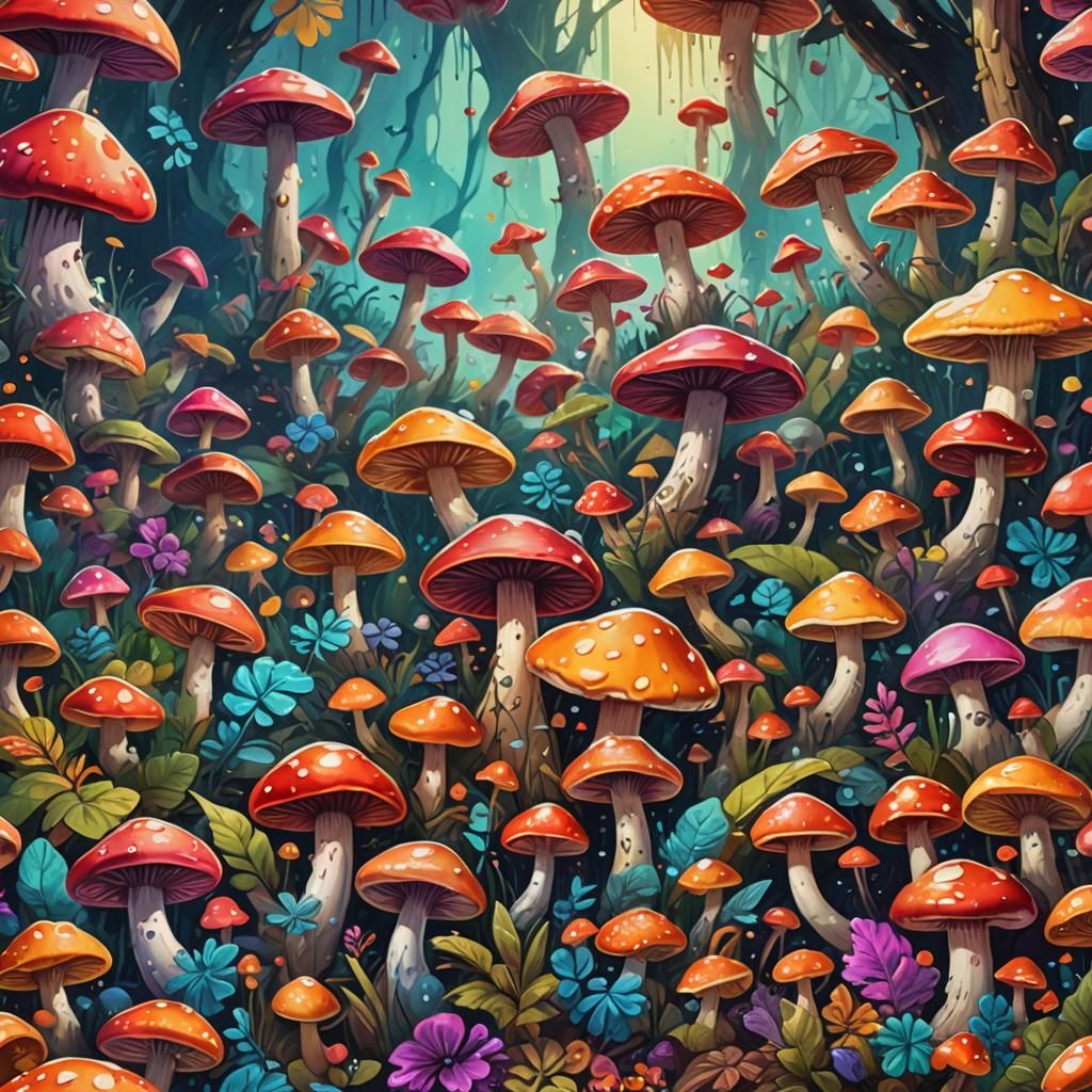 Vibrant Fantasy Splash Art with Glowing Mushrooms