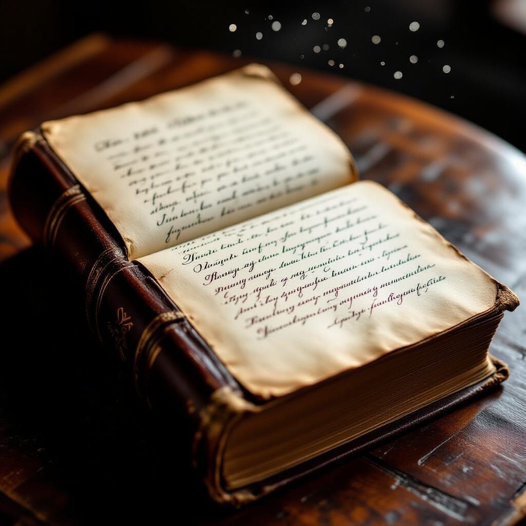 Antique Leather Book on Wooden Table, Cinematic Light