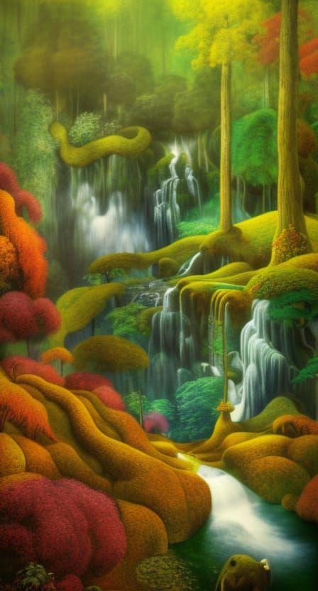 Surreal Pointillist Forest Waterfall