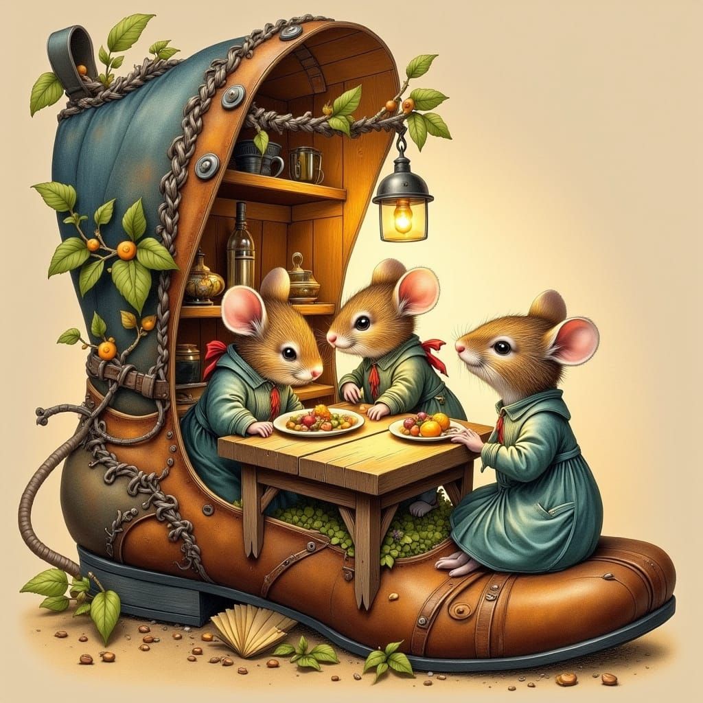 Whimsical Mouse Family in a Vintage Boot