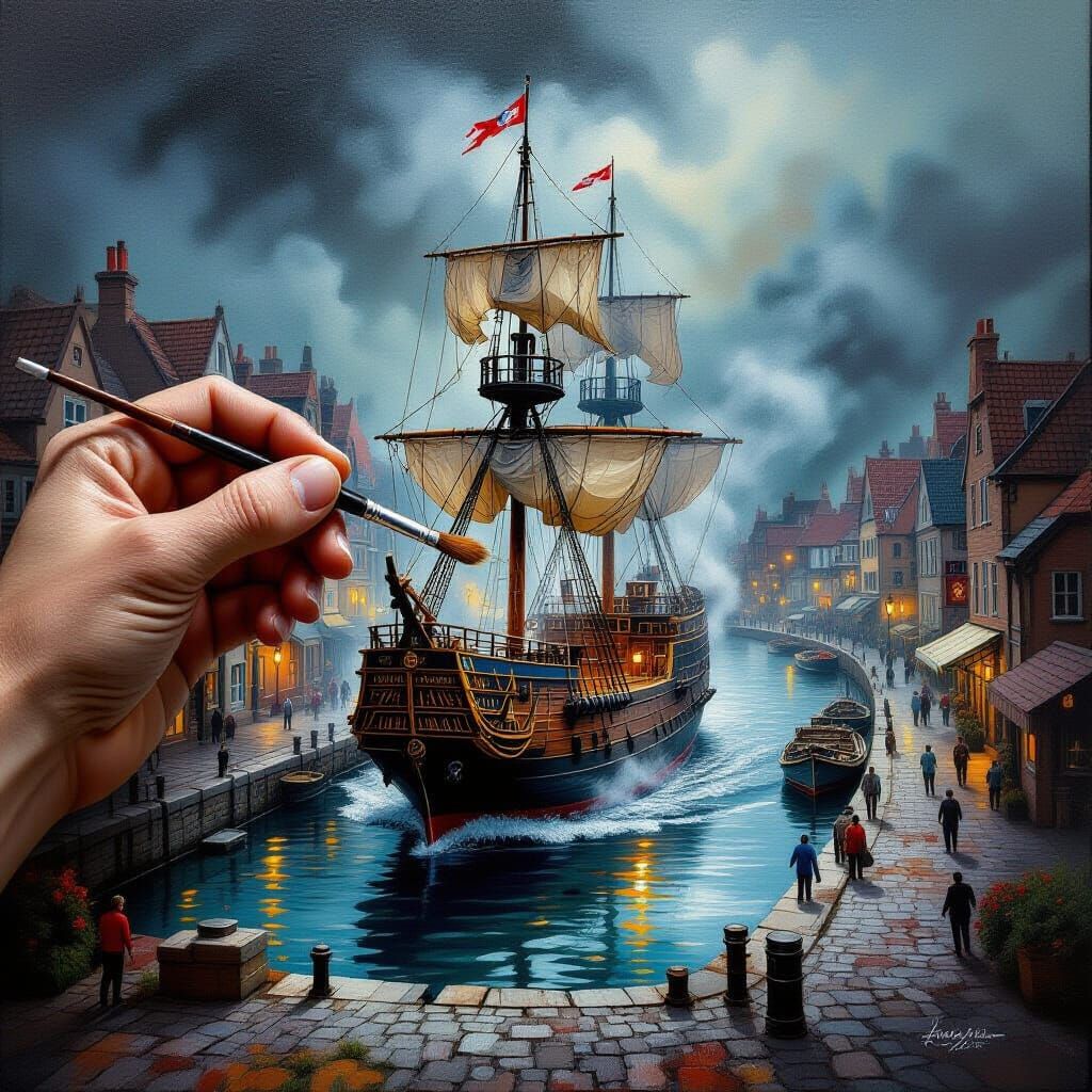 Hyper-Realistic Oil Painting: Hands Create Miniature Harbor ...