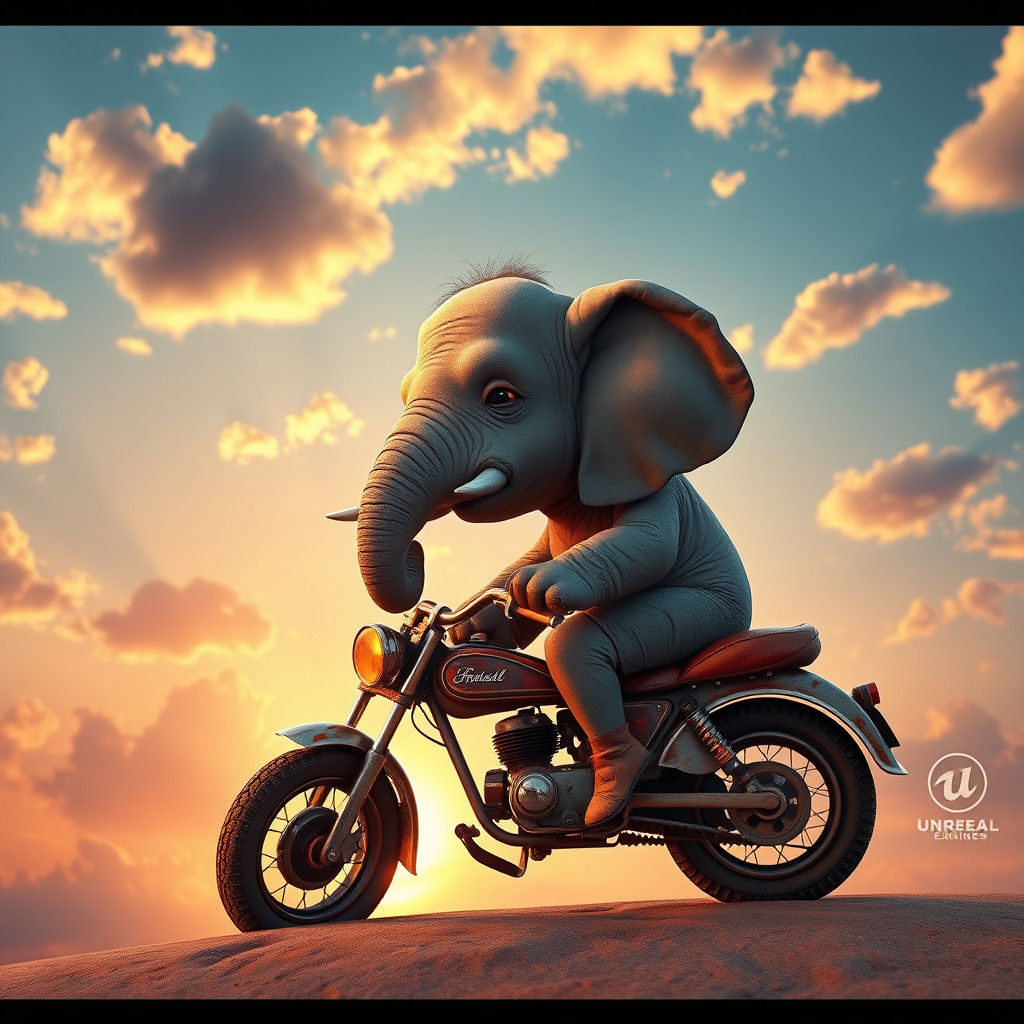 Elephant Rides Mini Bike in Golden Sky