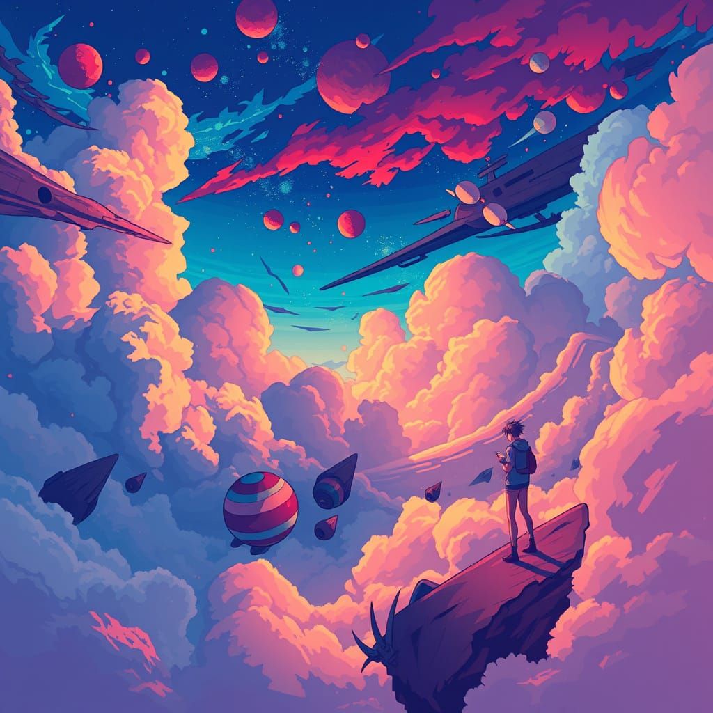 Vibrant Dreamlike Anime Scene in Cel-Shaded Style
