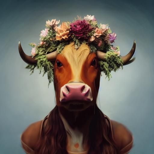 Anthropomorphic Cow Portrait with Flower Wreath in Hyperreal...