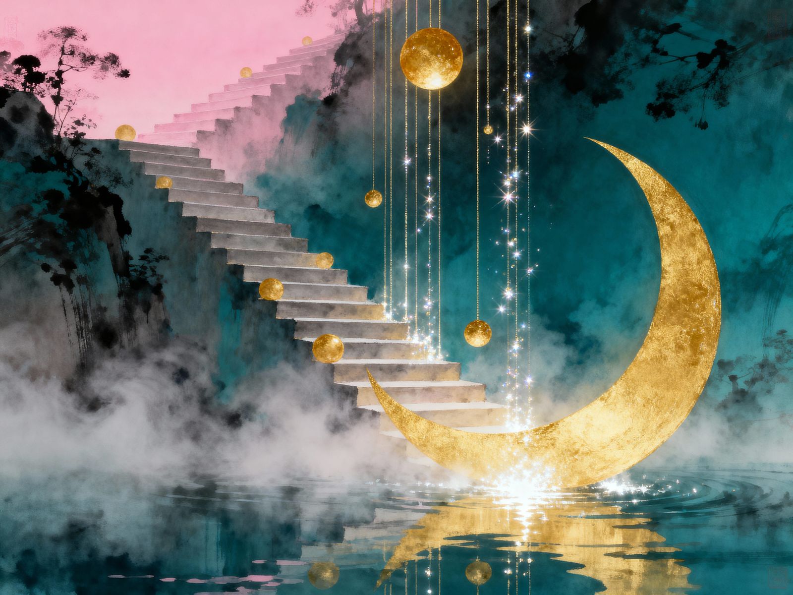 Stairway to Sky with Golden Spheres in Water Ink Art