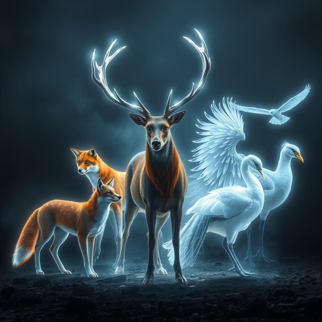 Luminous Patronus Animals in Hyper-Realistic Fantasy Scene