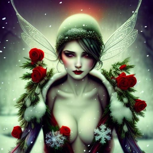 Winter Fairy with Red Roses in Hyperdetailed Style