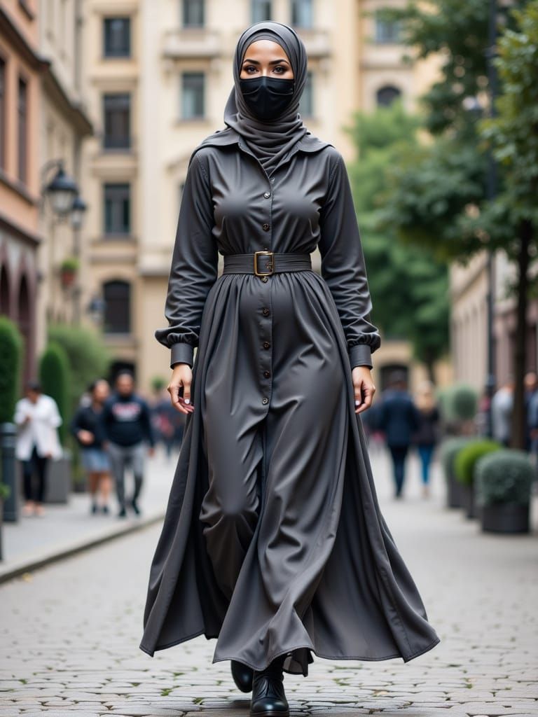 Woman in Hijab and Facemask Walking in City