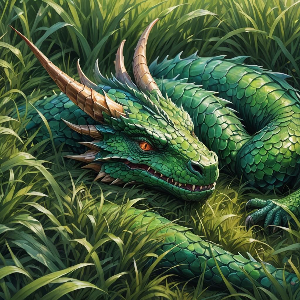 Wyvern Asleep in Grassy Field: Digital Fantasy Illustration