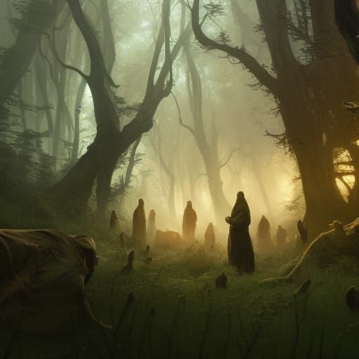 Druid Council in Nature Clearing: Dark Fantasy Art