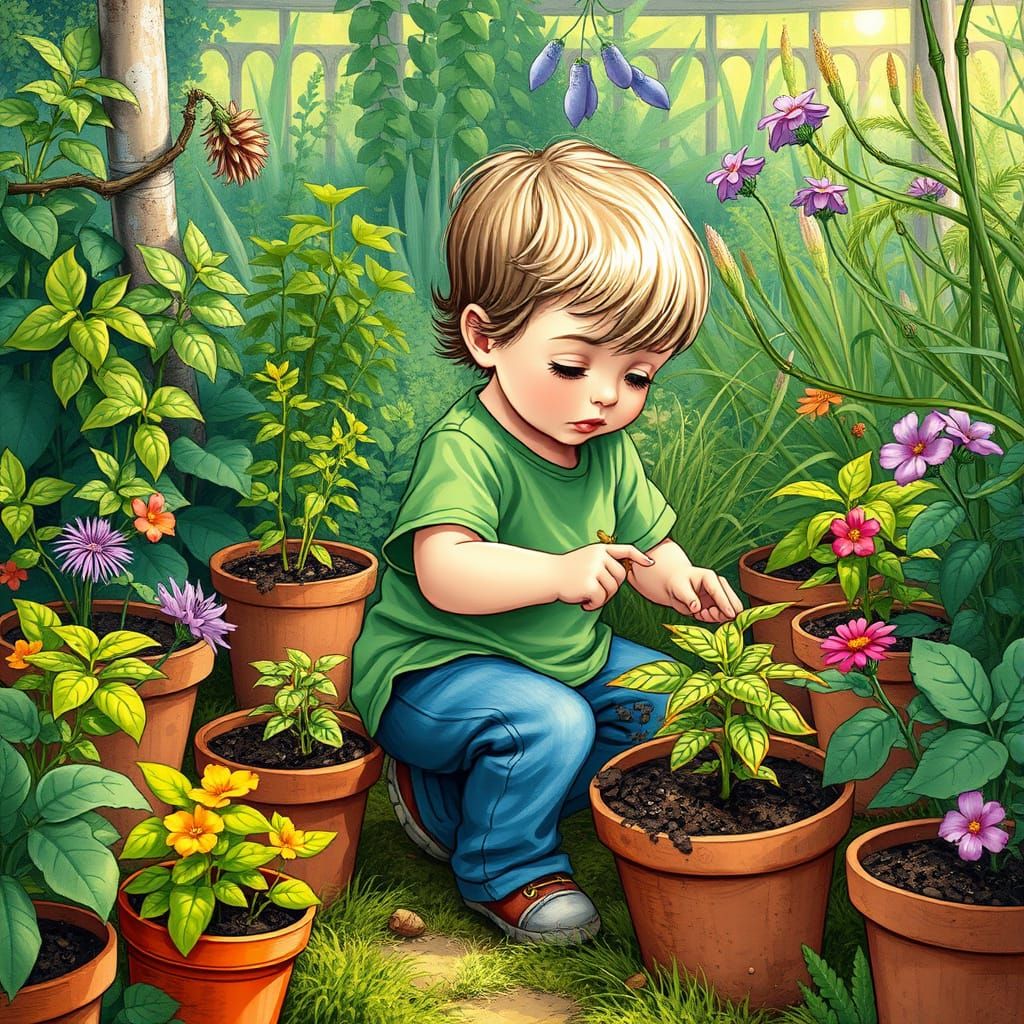 Child Plays with Plants in Whimsical Garden