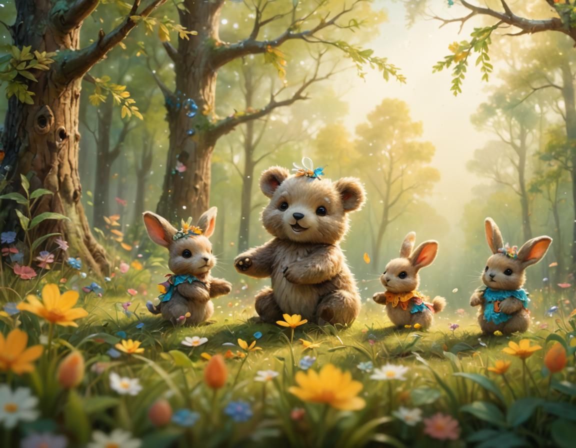 Whimsical Forest Scene with Bunnies in 3D Lenticular Style
