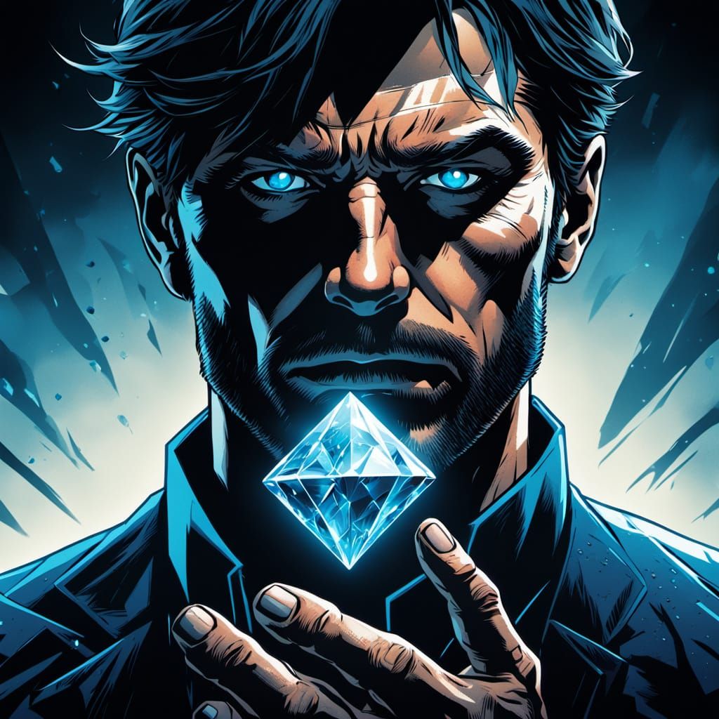 Gritty Comic Art: Person Holding a Blue Diamond