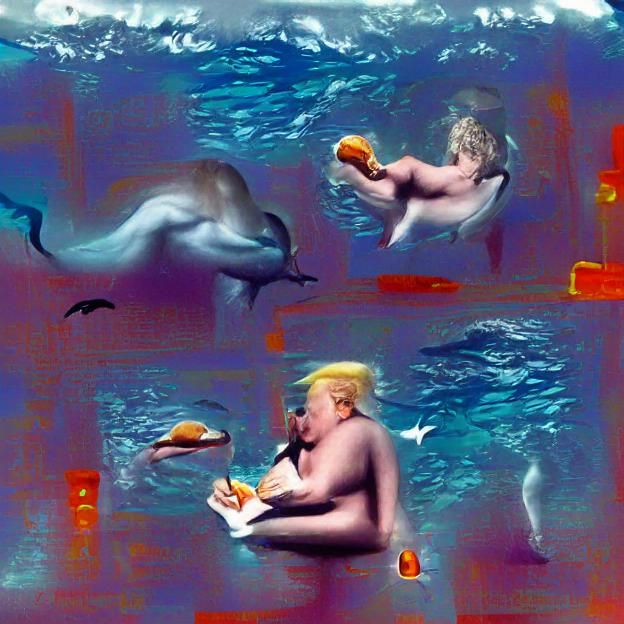 Humorous Image of Man Swimming with Dolphins
