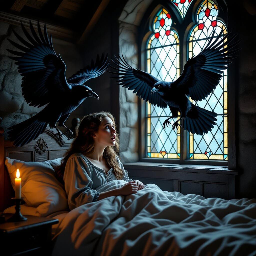 Medieval Woman Terrorized by Ravens at Window
