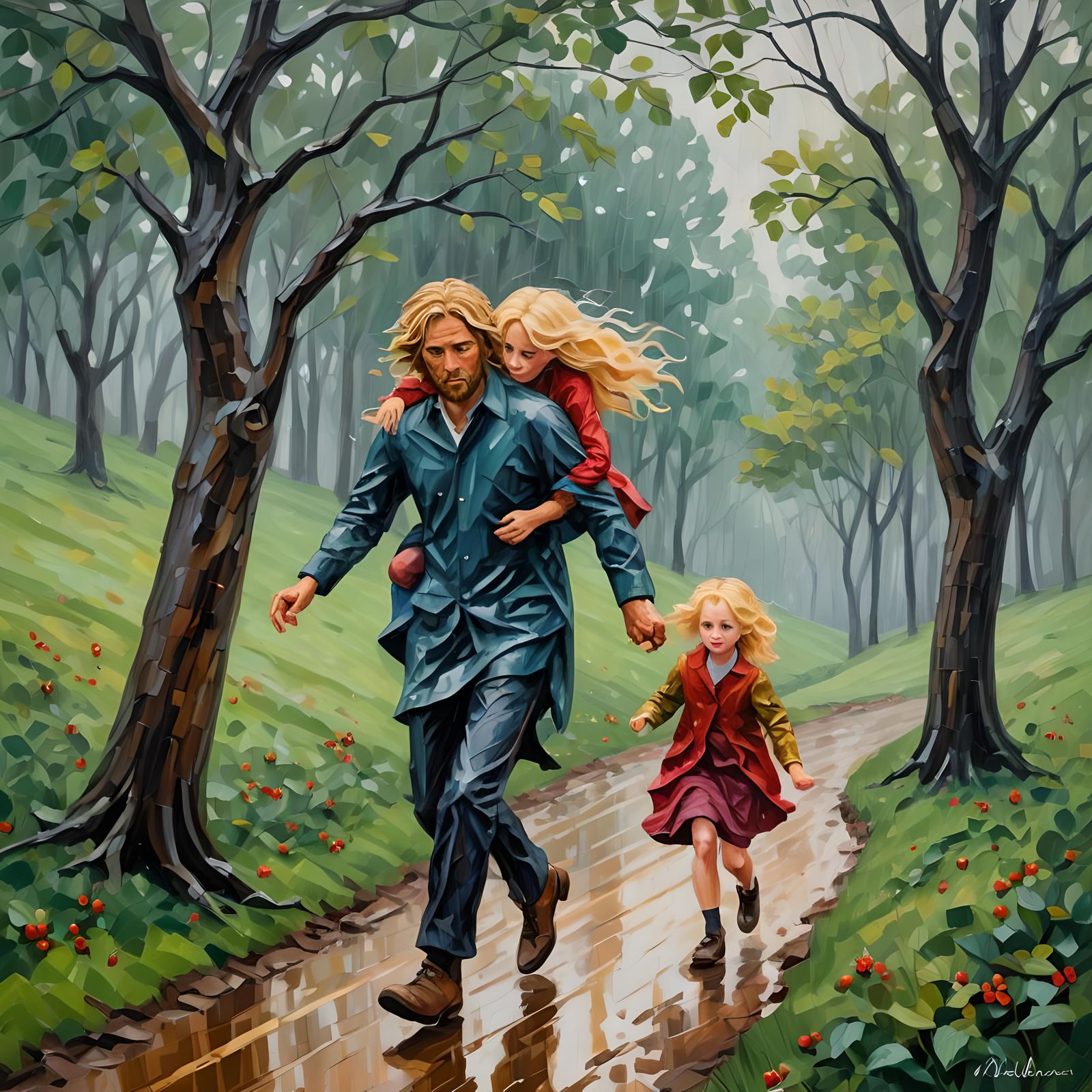 Romantic Rainy Kiss in Neo-Impressionistic Style