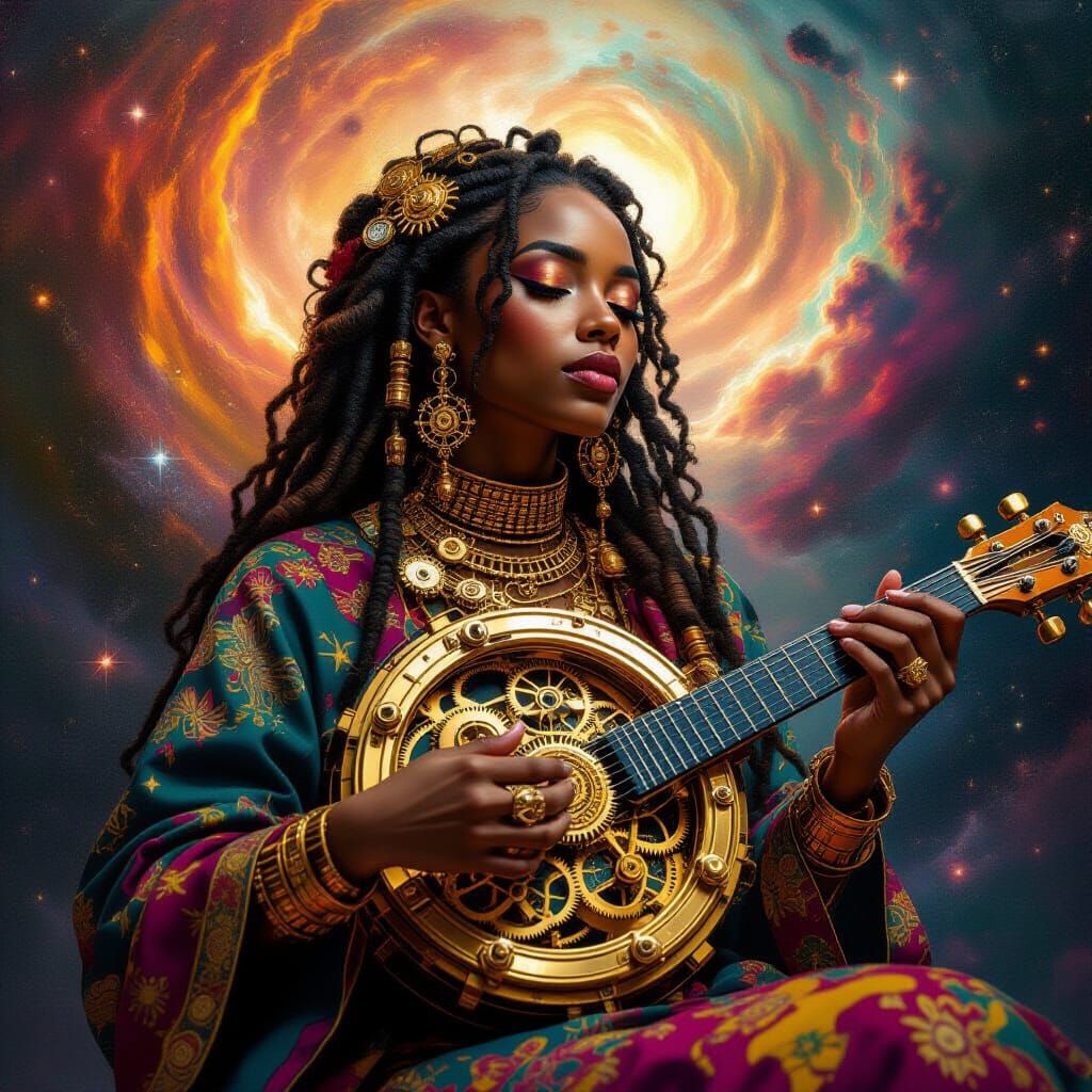 Rastafarian Woman with Clockwork Mechanisms in Cosmic Art