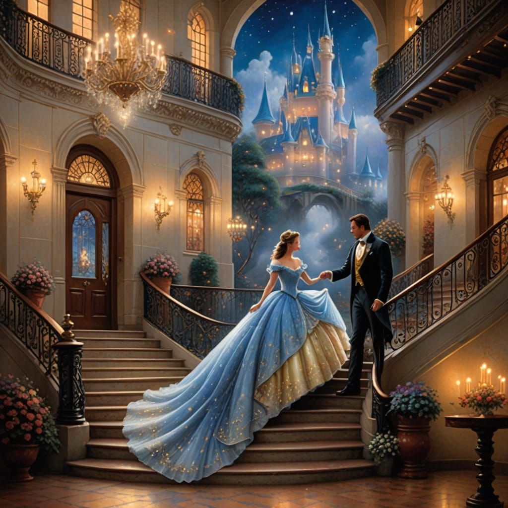 Cinderella Meets Prince on Golden Staircase in Ethereal Fant...