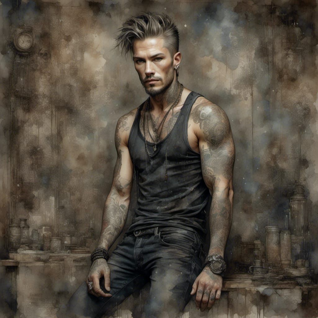 Metalhead Goth Man in Silver Watercolor Style