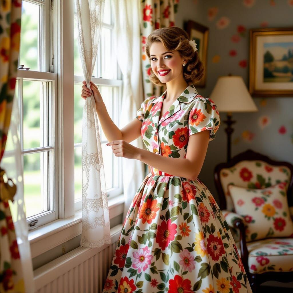 Tradwife in 1950s Dress Hanging Curtains