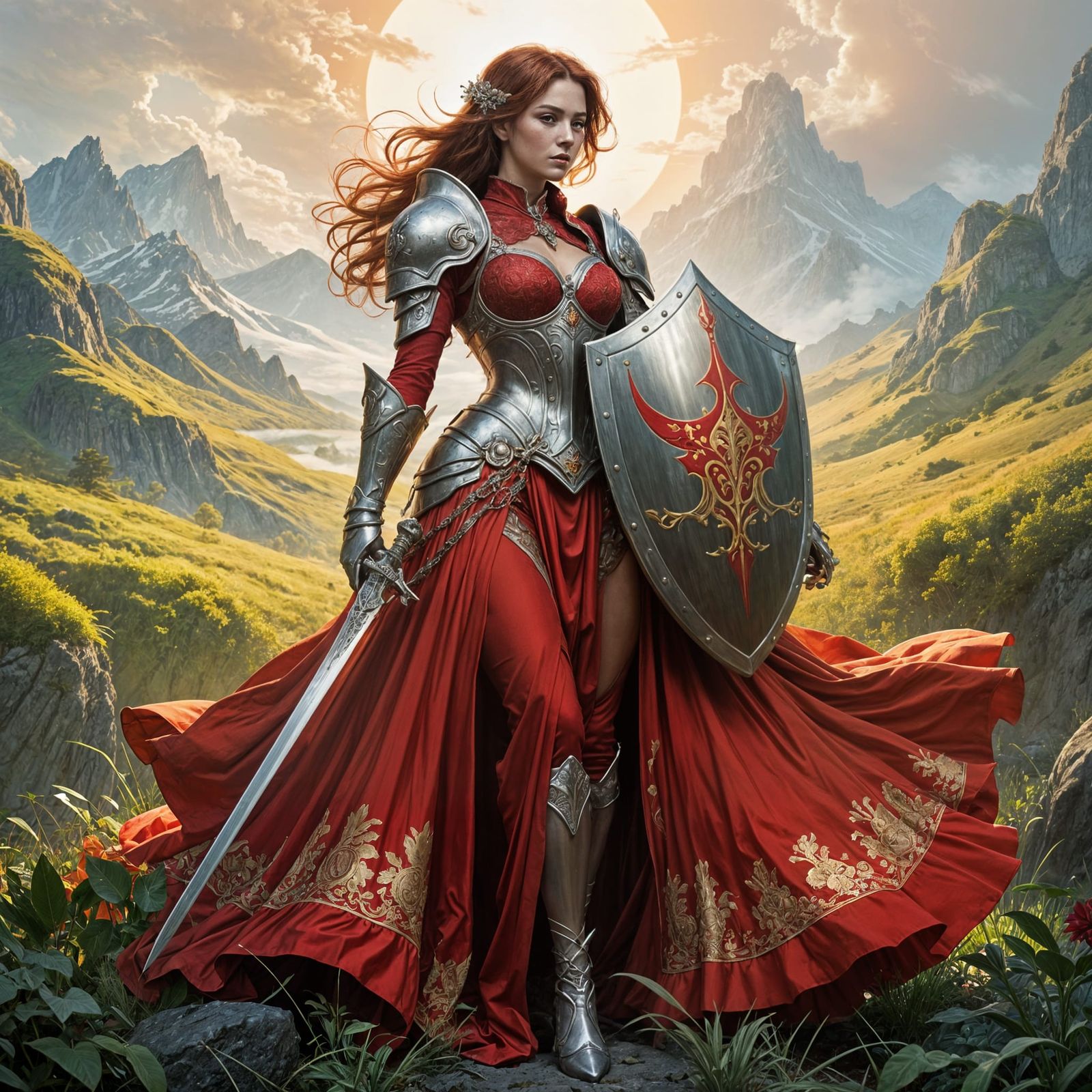 Woman in Red Gown with Silver Armor