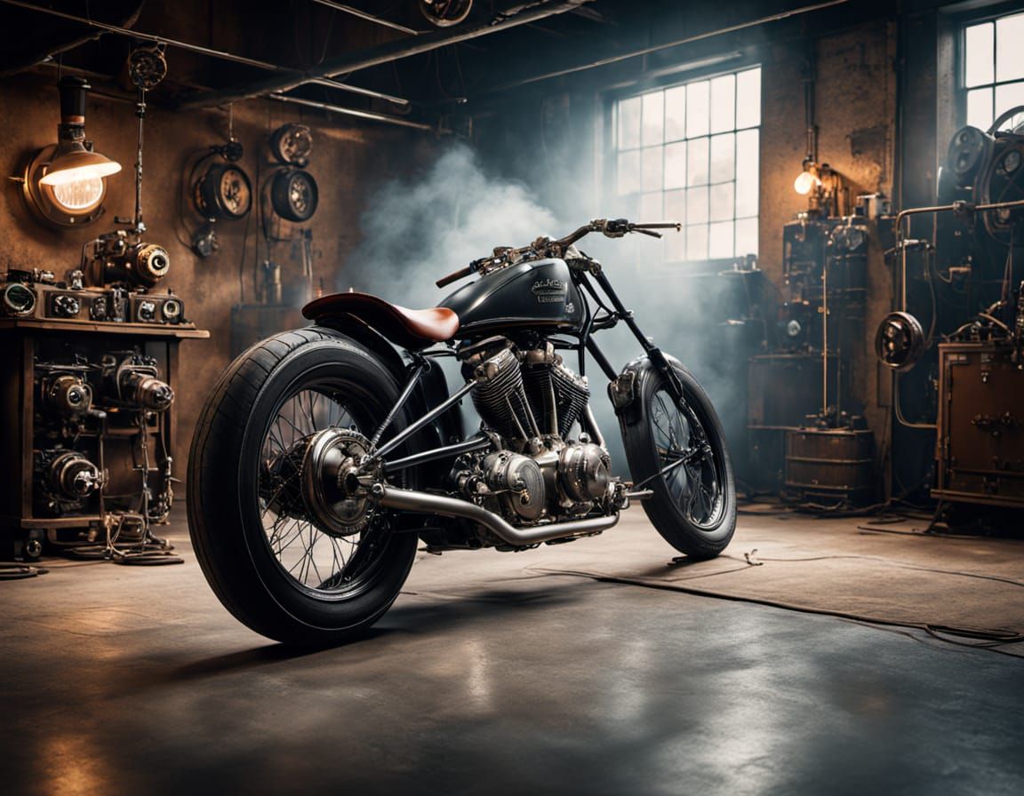 Elegant Steam-Powered Thunder Motorcycle in a Steampunk Work...