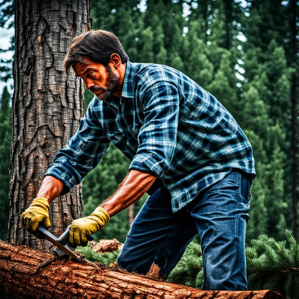 Hyperrealistic Man in Plaid Shirt Chopping Tree