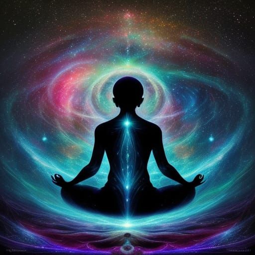 Meditative Figure in Cosmic Landscape