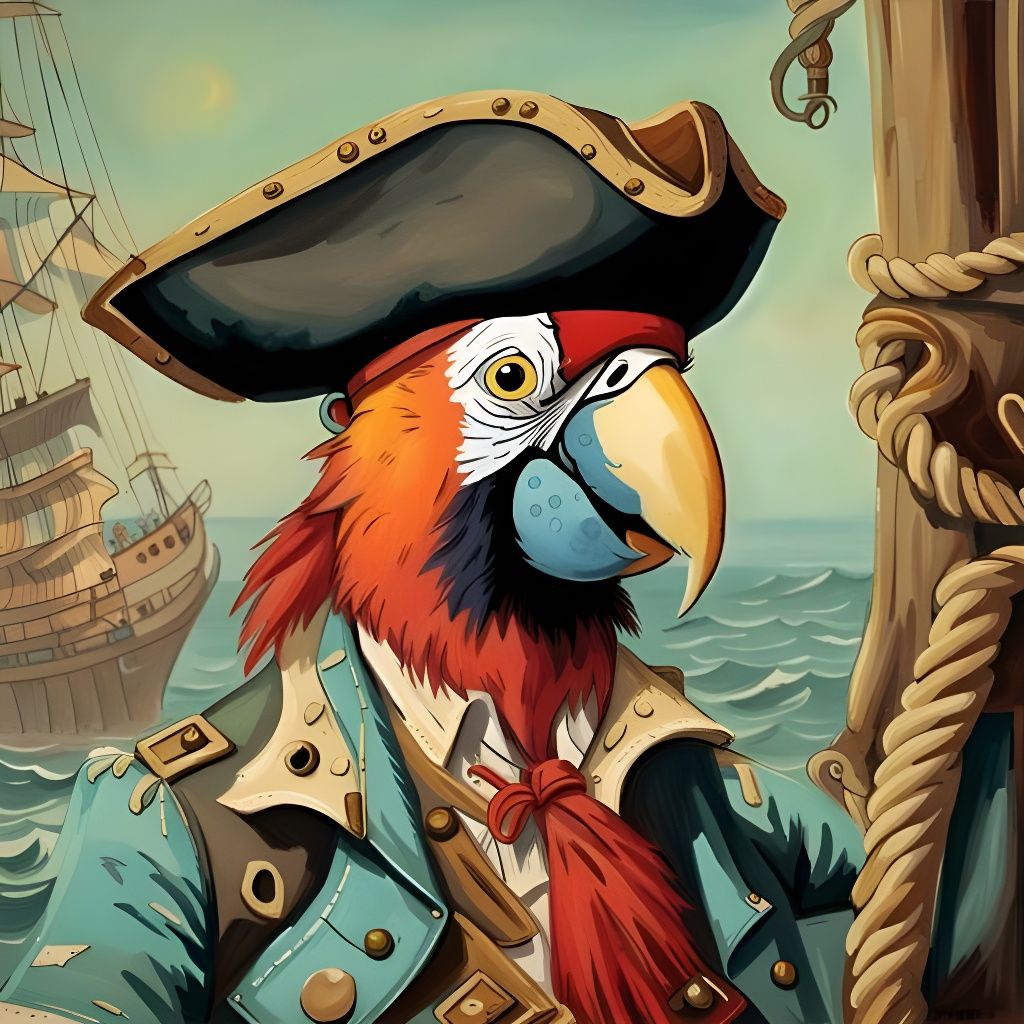 Pirate Captain with Parrot in 1950s Style Painting