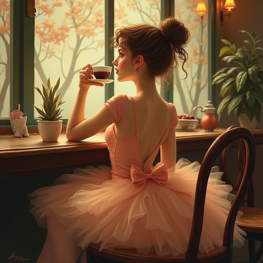 Ballerina Sipping Cappuccino in Art Nouveau Style
