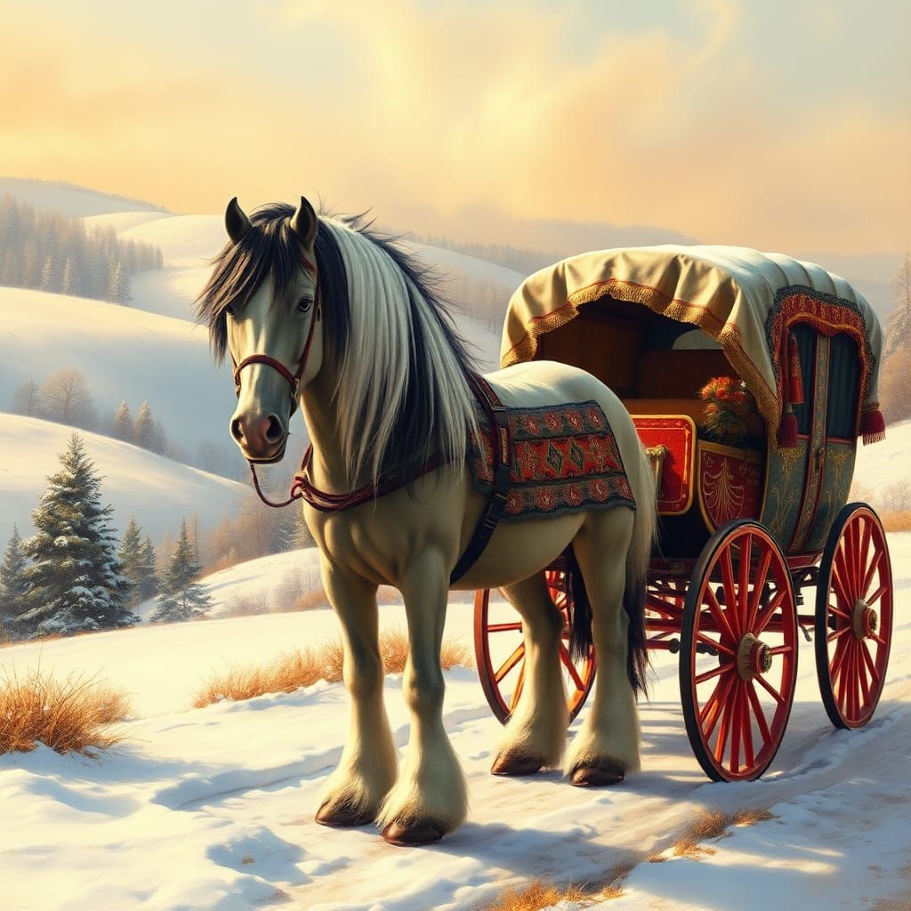 Gypsy Vanner Horse Pulling Caravan in Winter Wonderland