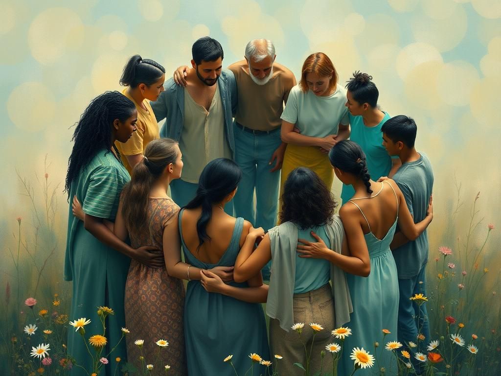 Diverse Group Forms Circle of Support in Dreamy Landscape