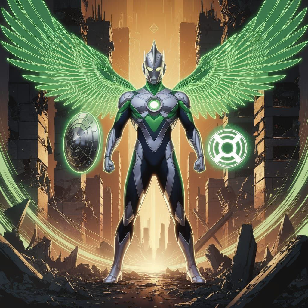 Ultraman Green Lantern Fusion Hero in Mucha Style