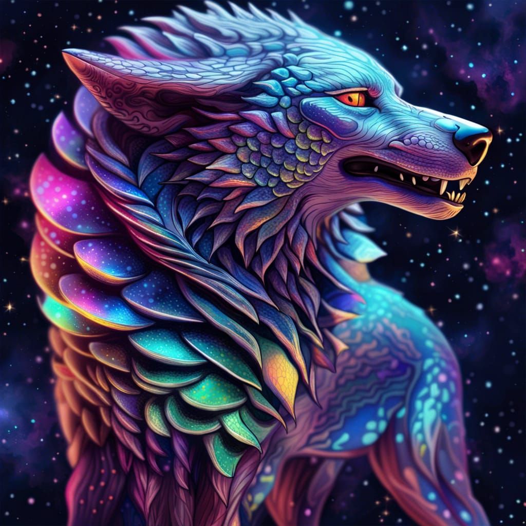 Astral Alien Wolf Shaking Stardust Off Scales