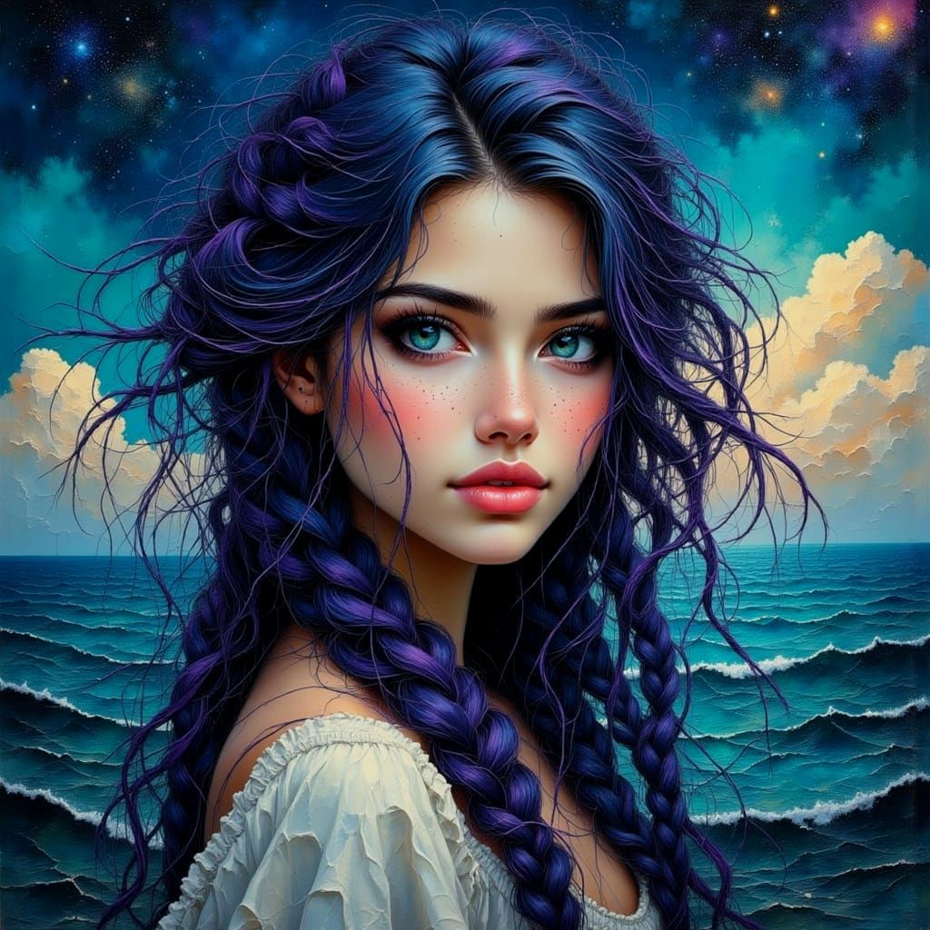Woman with Braided Hair and Wild Ocean