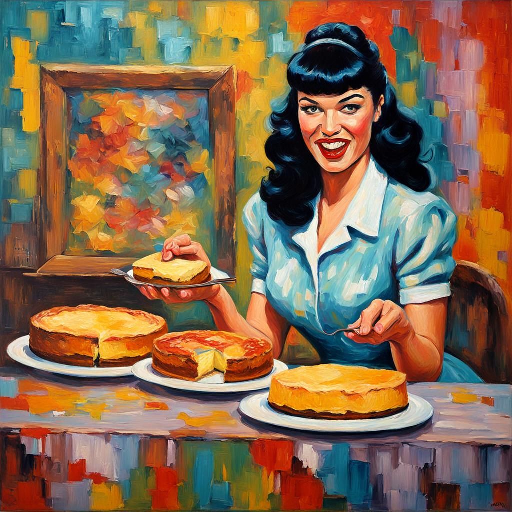 Bettie Page Eating Flan: Neo-Impressionist Oil Painting