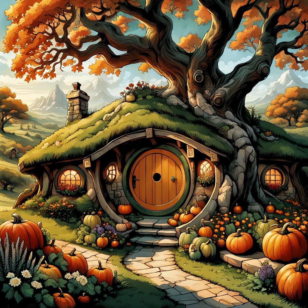 Modern Hobbit Hole with Bilbo, Comic Book Art