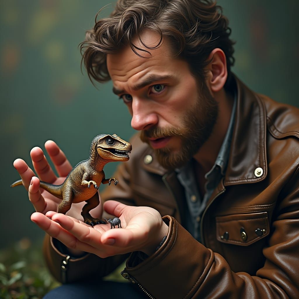 Man and Miniature T-Rex in Matte Painting Style