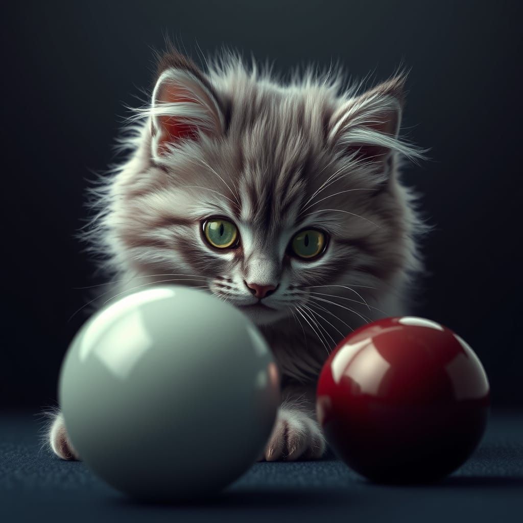Grey Kitten Inspects Billiard Ball in Dark Gradient Backgrou...