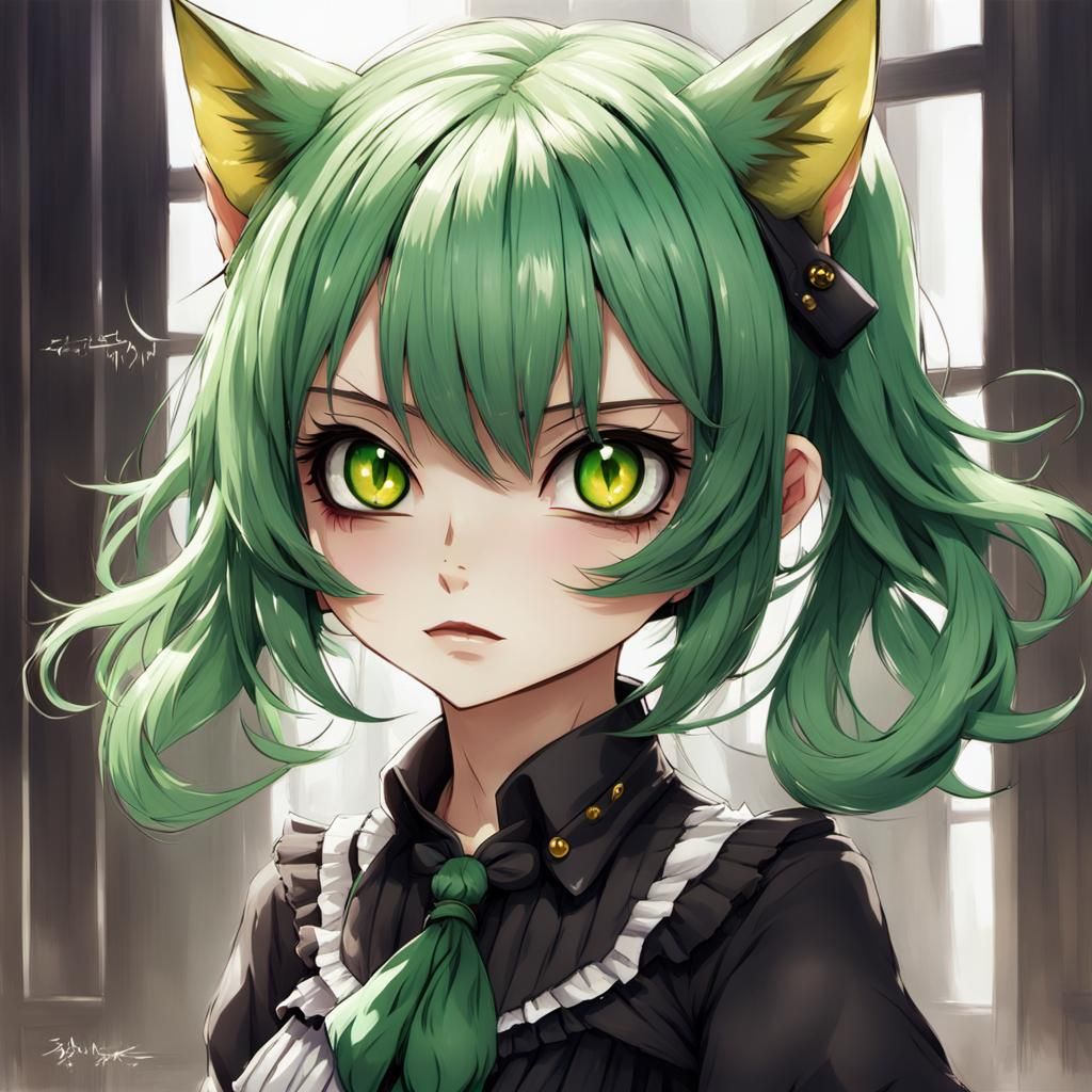 Cute Chibi Catgirl with Green Hair and Yellow Eyes